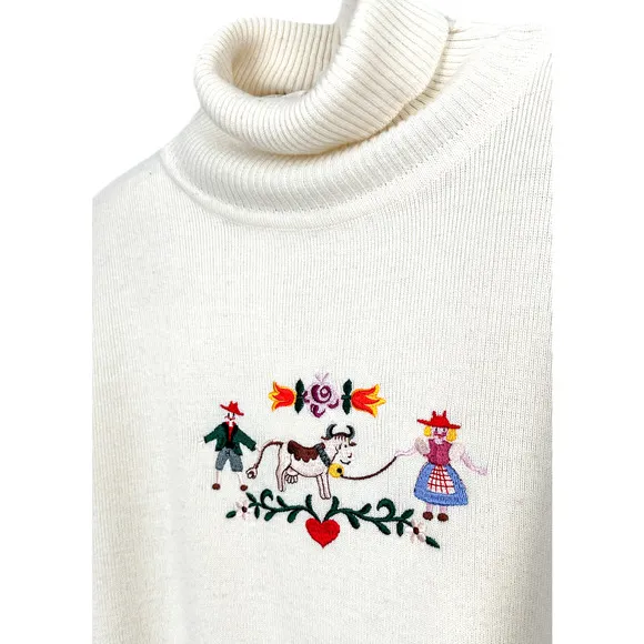 Vintage 80s David Meister Swiss/Austrian Embroidered Novelty Turtleneck Sweater