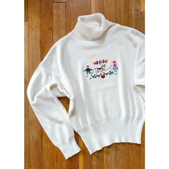 Vintage 80s David Meister Swiss/Austrian Embroidered Novelty Turtleneck Sweater