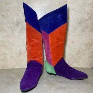 Vintage 80s Multicolored Colorblock Retro Funky Suede Leather Boots 8.5M