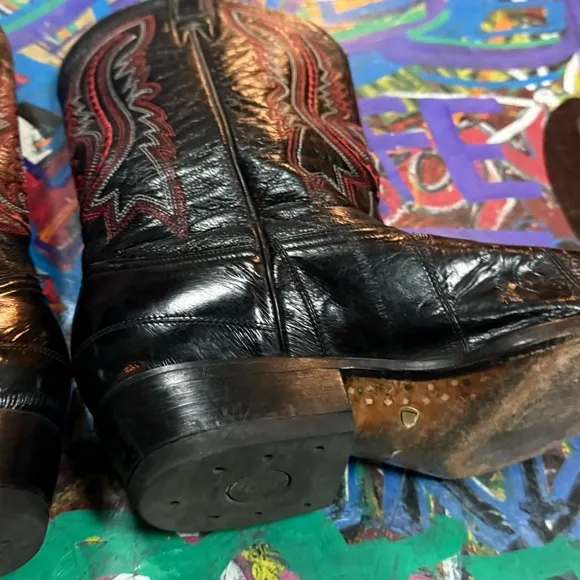 Vintage 90s El Centenario Black Leather Cowboy Boots – Men’s 8.5 – Red Stitching