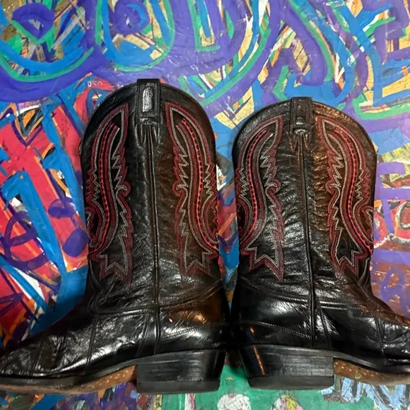 Vintage 90s El Centenario Black Leather Cowboy Boots – Men’s 8.5 – Red Stitching