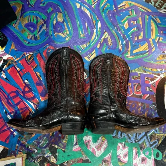 Vintage 90s El Centenario Black Leather Cowboy Boots – Men’s 8.5 – Red Stitching
