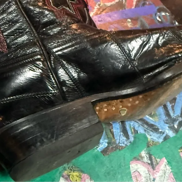 Vintage 90s El Centenario Black Leather Cowboy Boots – Men’s 8.5 – Red Stitching
