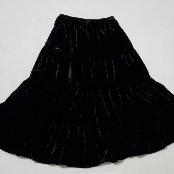 Vintage 90s White Stag Black Tiered Velvet Stretch High Waist Midi Prairie Skirt