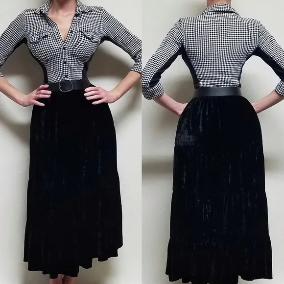 Vintage 90s White Stag Black Tiered Velvet Stretch High Waist Midi Prairie Skirt