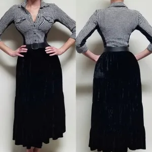 Vintage 90s White Stag Black Tiered Velvet Stretch High Waist Midi Prairie Skirt