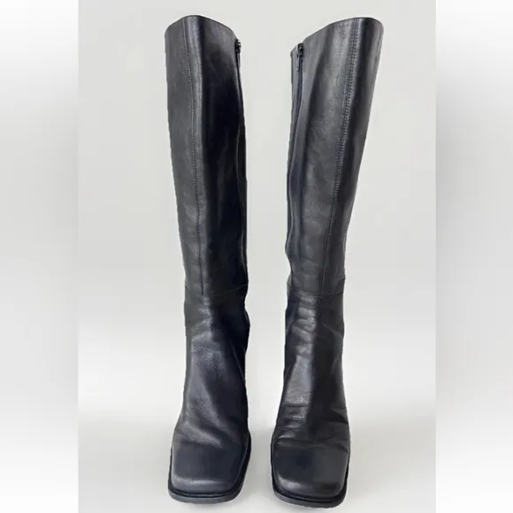 Vintage 90s Y2K Leather Chunky Square Toe Block Heel Boot Whimsy Goth size 8