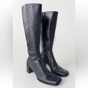 Vintage 90s Y2K Leather Chunky Square Toe Block Heel Boot Whimsy Goth size 8