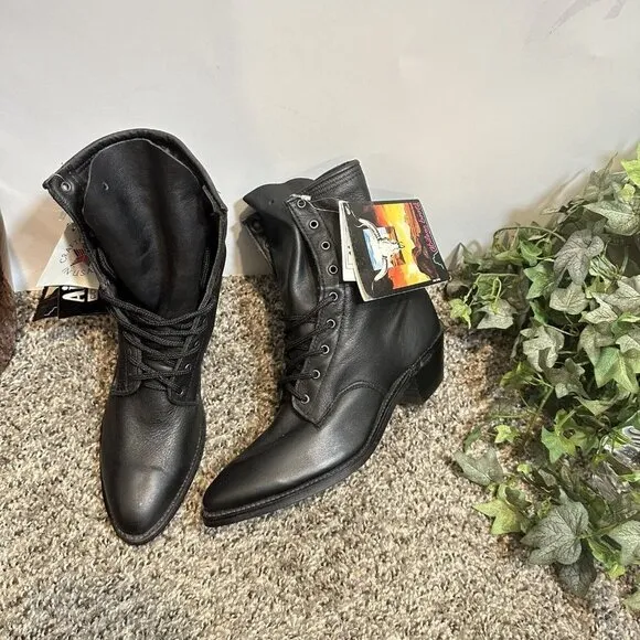 Vintage Abilene Lace Up Western Parker Boots Womens Size 6 M Black Leather New