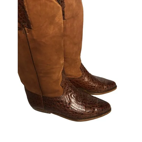 Vintage Armando Pollini cowgirl reptile &amp; suede leather brown boots size 6 (37)