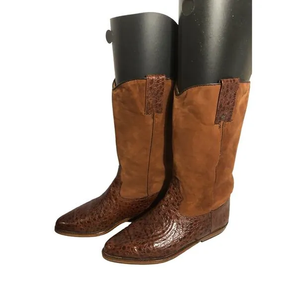 Vintage Armando Pollini cowgirl reptile &amp; suede leather brown boots size 6 (37)
