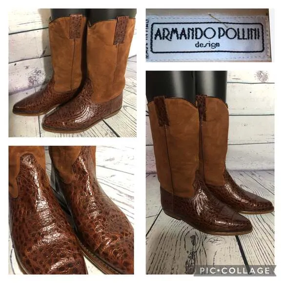 Vintage Armando Pollini cowgirl reptile &amp; suede leather brown boots size 6 (37)