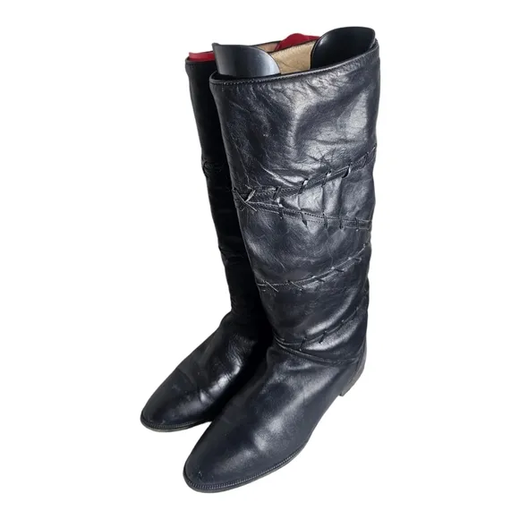 Vintage Black Leather Pull On Riding Boots EU 40/US 9 Made In Italy