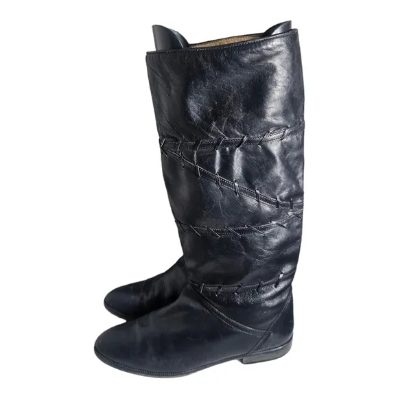 Vintage Black Leather Pull On Riding Boots EU 40/US 9 Made In Italy