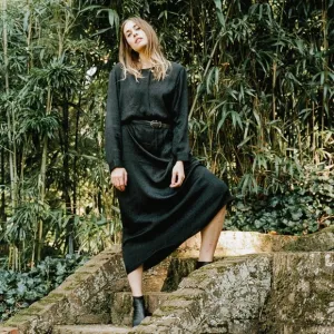 Vintage Black Long-Sleeve Midi Dress