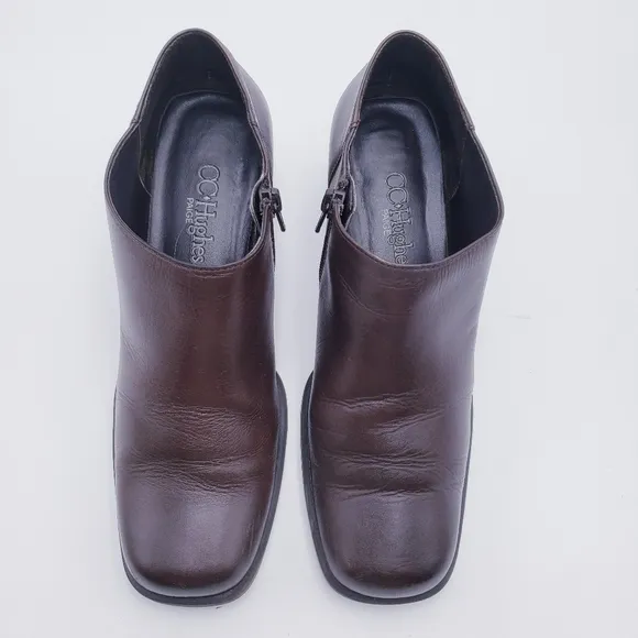Vintage Brown Leather Square Toe Chunky Heel Ankle Booties Y2K 90s Size 8