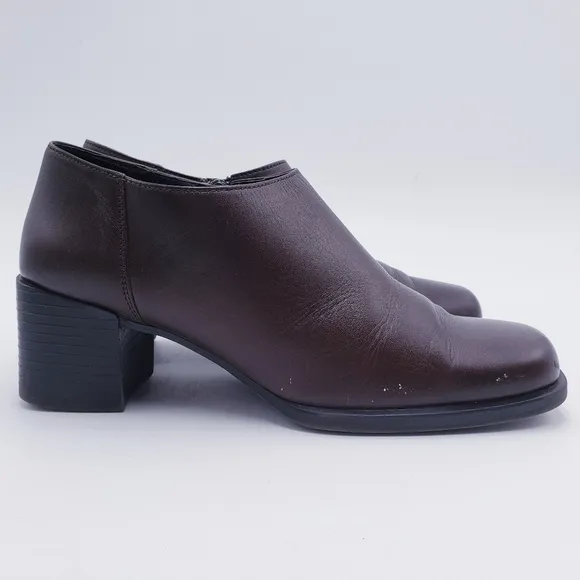 Vintage Brown Leather Square Toe Chunky Heel Ankle Booties Y2K 90s Size 8