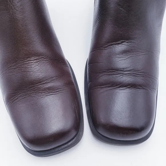 Vintage Brown Leather Square Toe Chunky Heel Ankle Booties Y2K 90s Size 8