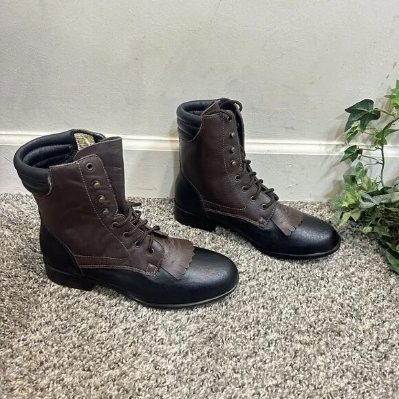 Vintage Dan Post Kiltie Prairie Lace Up Boots Black Brown Leather New