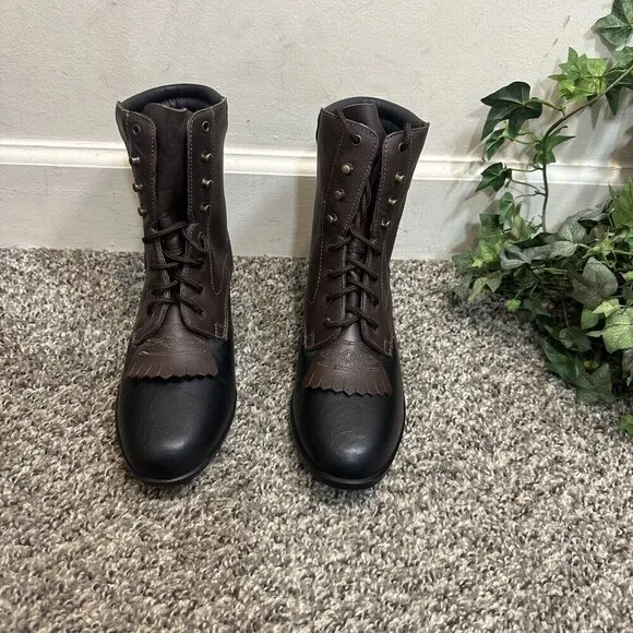 Vintage Dan Post Kiltie Prairie Lace Up Boots Black Brown Leather New