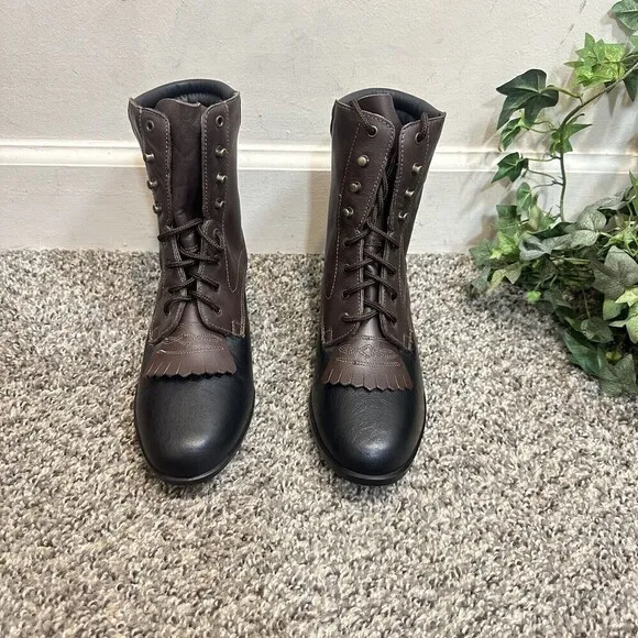 Vintage Dan Post Kiltie Prairie Lace Up Boots Black Brown Leather New