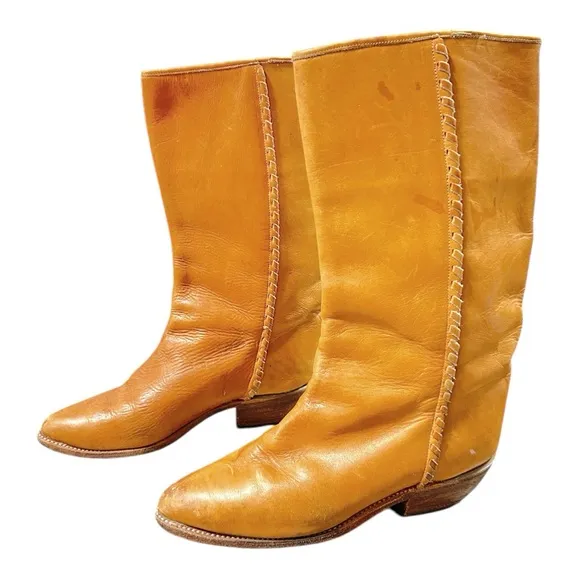 Vintage Dr Adams Womens Cognac Leather Knee High Boots with Braided Details Sz40