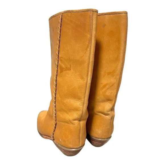 Vintage Dr Adams Womens Cognac Leather Knee High Boots with Braided Details Sz40