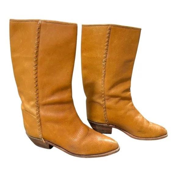 Vintage Dr Adams Womens Cognac Leather Knee High Boots with Braided Details Sz40