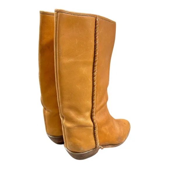 Vintage Dr Adams Womens Cognac Leather Knee High Boots with Braided Details Sz40