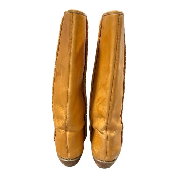 Vintage Dr Adams Womens Cognac Leather Knee High Boots with Braided Details Sz40