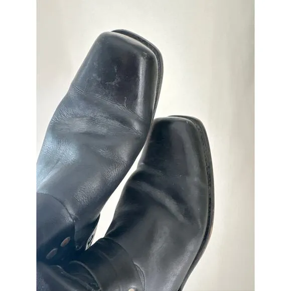 Vintage Harness Style Square Toe Leather Boots in Black, Size 9.5