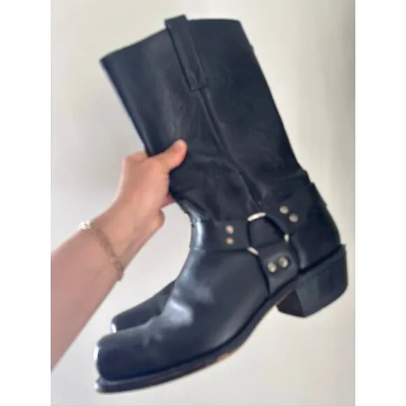 Vintage Harness Style Square Toe Leather Boots in Black, Size 9.5