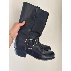 Vintage Harness Style Square Toe Leather Boots in Black, Size 9.5