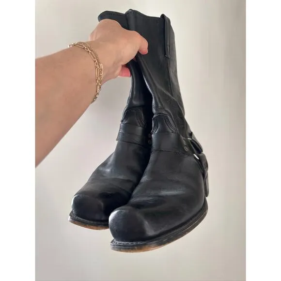 Vintage Harness Style Square Toe Leather Boots in Black, Size 9.5