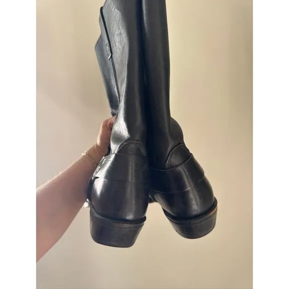Vintage Harness Style Square Toe Leather Boots in Black, Size 9.5