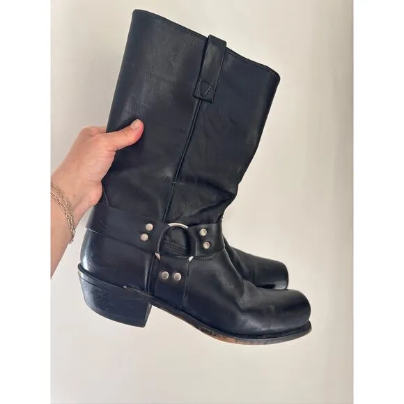 Vintage Harness Style Square Toe Leather Boots in Black, Size 9.5