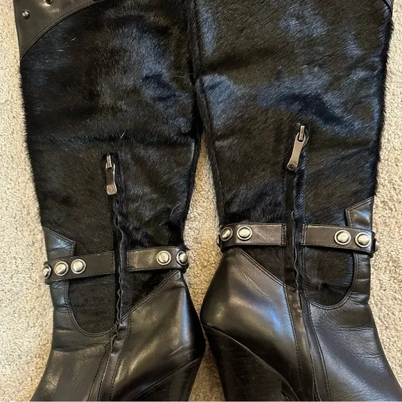 Vintage HOUSE OF DERÉON Beyoncé Leather Fur knee high Boots sz 6.5