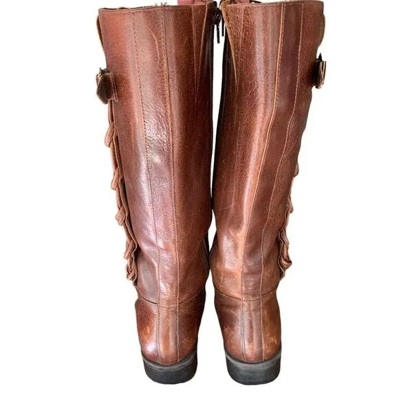 VINTAGE Knotted Leather Trim Brass Buckle Knee High Riding Boots Sz 6.5