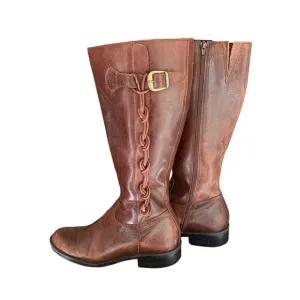 VINTAGE Knotted Leather Trim Brass Buckle Knee High Riding Boots Sz 6.5
