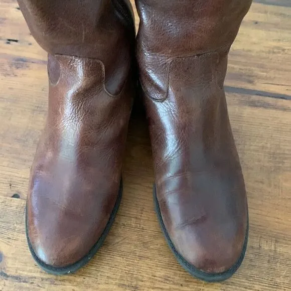 VINTAGE Knotted Leather Trim Brass Buckle Knee High Riding Boots Sz 6.5
