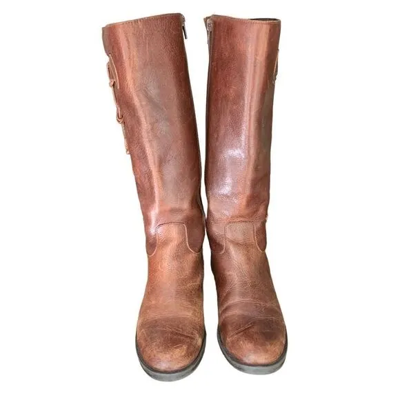 VINTAGE Knotted Leather Trim Brass Buckle Knee High Riding Boots Sz 6.5