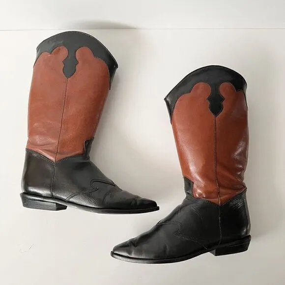 Vintage leather western knee high boots tall riding leather black brown Size 6.5