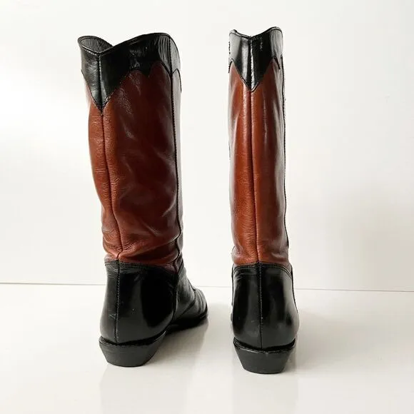 Vintage leather western knee high boots tall riding leather black brown Size 6.5