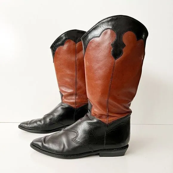 Vintage leather western knee high boots tall riding leather black brown Size 6.5