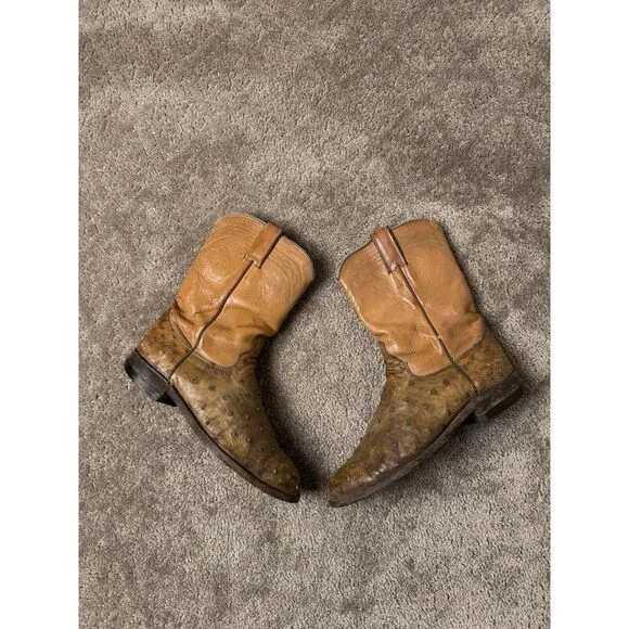Vintage Mens Boots JUSTIN USA‎ MUSTARD BUTTER OSTRICH LEATHER BOOTS Size 6.5D