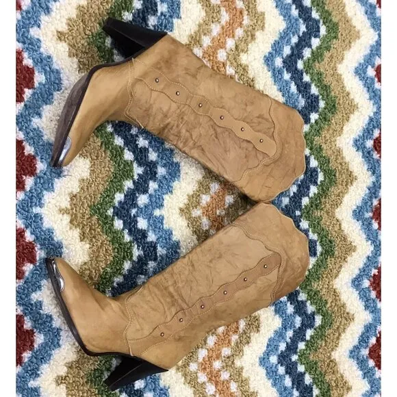 Vintage Sexy Light Brown Womans Zodiac 8.5 Leather High Healed Cowboy Boots