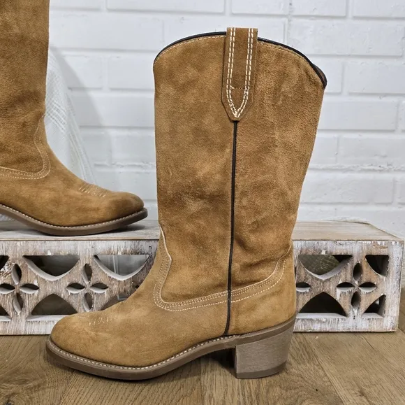 Vintage Woverine Tan Suede Cowgirl Western Boots Size 7 M Harvest Wheat