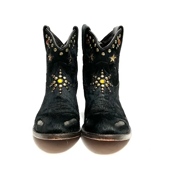 Vintage Y2K black pony hair leather studded rhinestone cowboy ankle boots