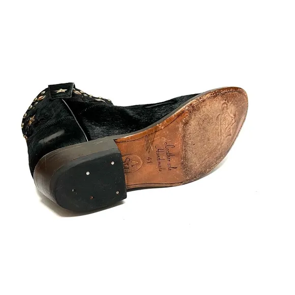 Vintage Y2K black pony hair leather studded rhinestone cowboy ankle boots