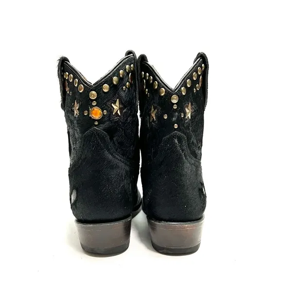 Vintage Y2K black pony hair leather studded rhinestone cowboy ankle boots